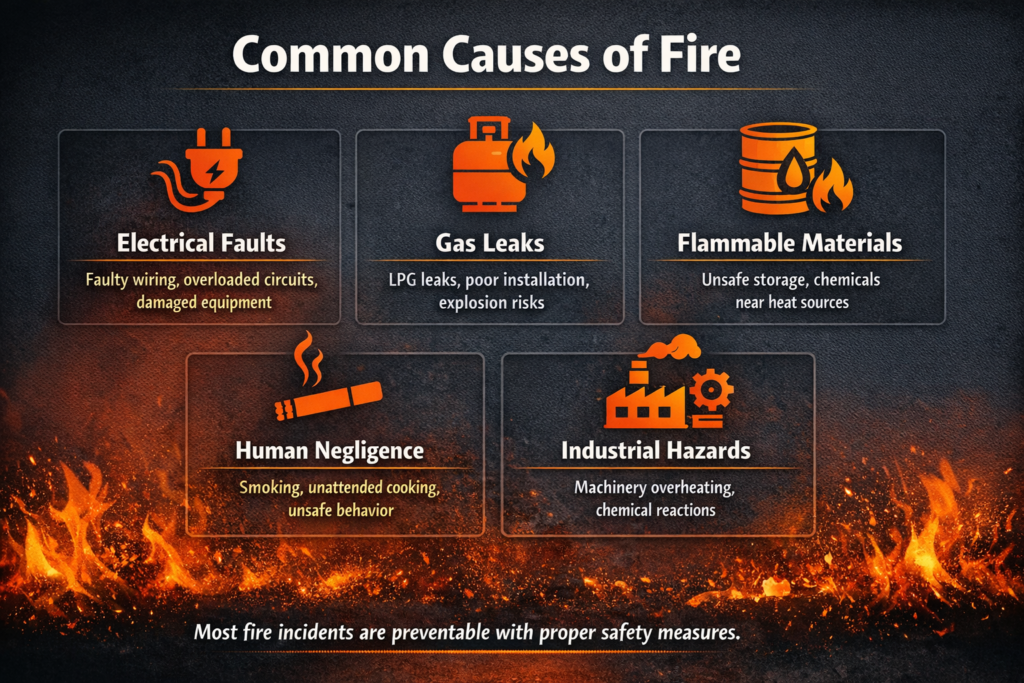 common causes of fire electrical faults gas leaks human negligence industrial hazards
