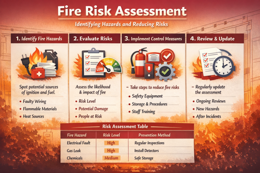 fire risk assessment steps identify hazards evaluate risks control measures review infographic
