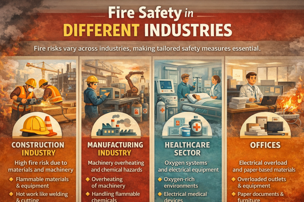 fire safety in different industries infographic showing construction manufacturing healthcare and office fire risks with safety measures and hazard examples