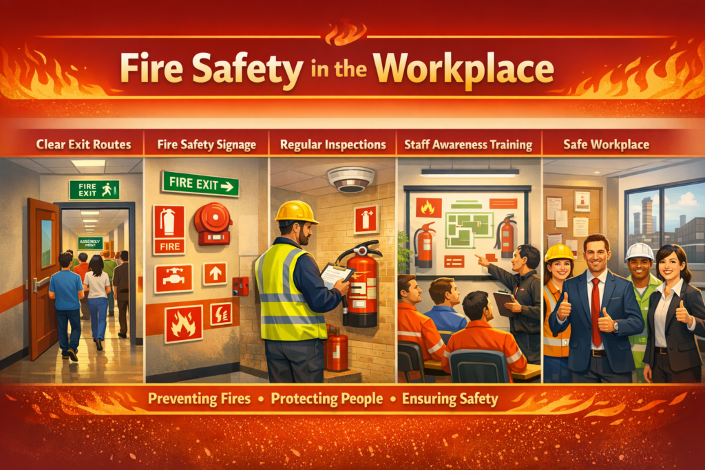 Fire Safety Risk Assessment: Complete Guide to Hazards, Prevention & Control Measures 4 Fire safety in the workplace infographic showing clear exit routes, fire signage, inspections, staff training, and workplace safety measures
