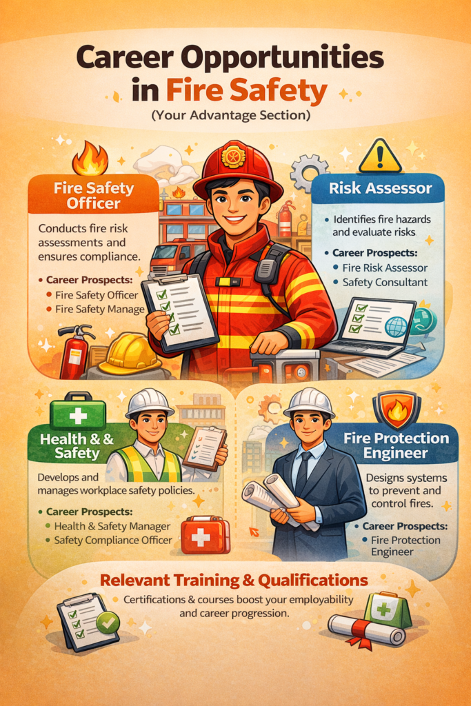 Fire Safety Risk Assessment: Complete Guide to Hazards, Prevention & Control Measures 5 Career opportunities in fire safety including fire safety officer, risk assessor, health and safety manager, and fire protection engineer roles