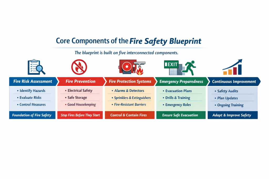 Fire safety blueprint core components risk assessment prevention protection preparedness improvement