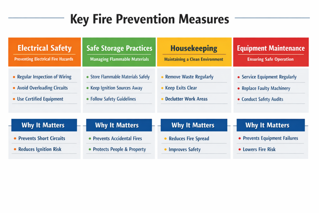 fire prevention measures electrical safety storage housekeeping maintenance fire safety