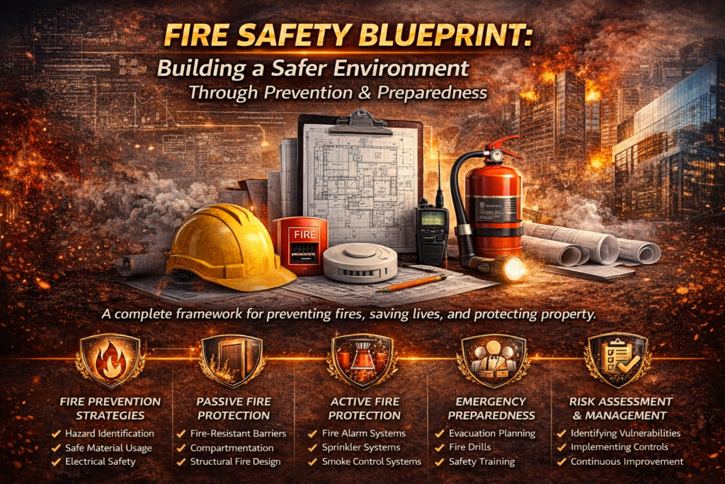 Fire Safety Blueprint diagram showing fire prevention, passive fire protection, active fire protection, emergency preparedness and risk management