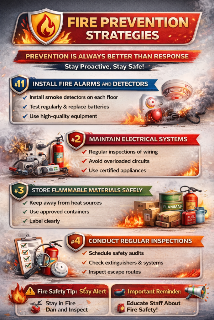 fire prevention strategies infographic alarms electrical safety storage inspections”