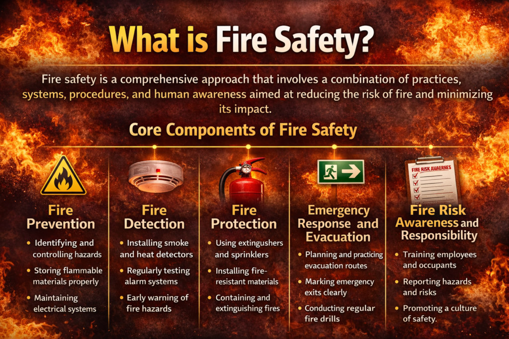 What is fire safety infographic showing prevention detection protection evacuation and risk awareness