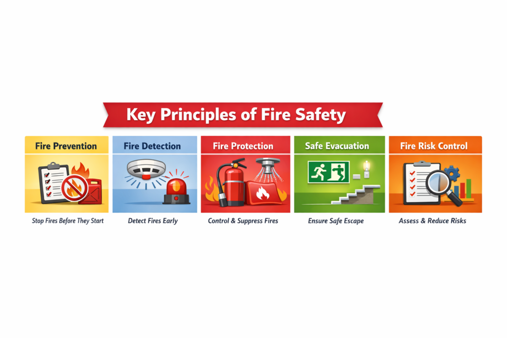 key principles of fire safety prevention detection protection evacuation risk control infographic