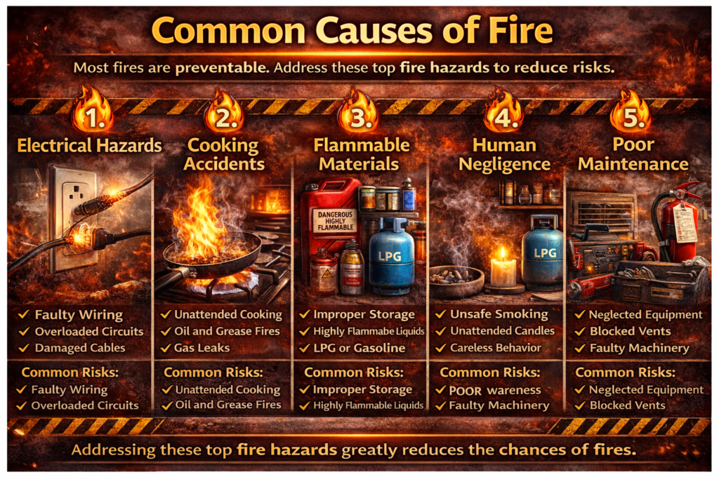 Common causes of fire including electrical hazards, cooking accidents, flammable materials, human negligence, and poor maintenance