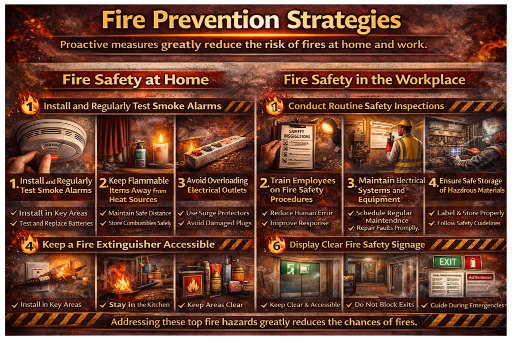 Infographic showing fire prevention strategies such as installing smoke alarms, avoiding electrical overload, safe storage, and workplace fire safety practices