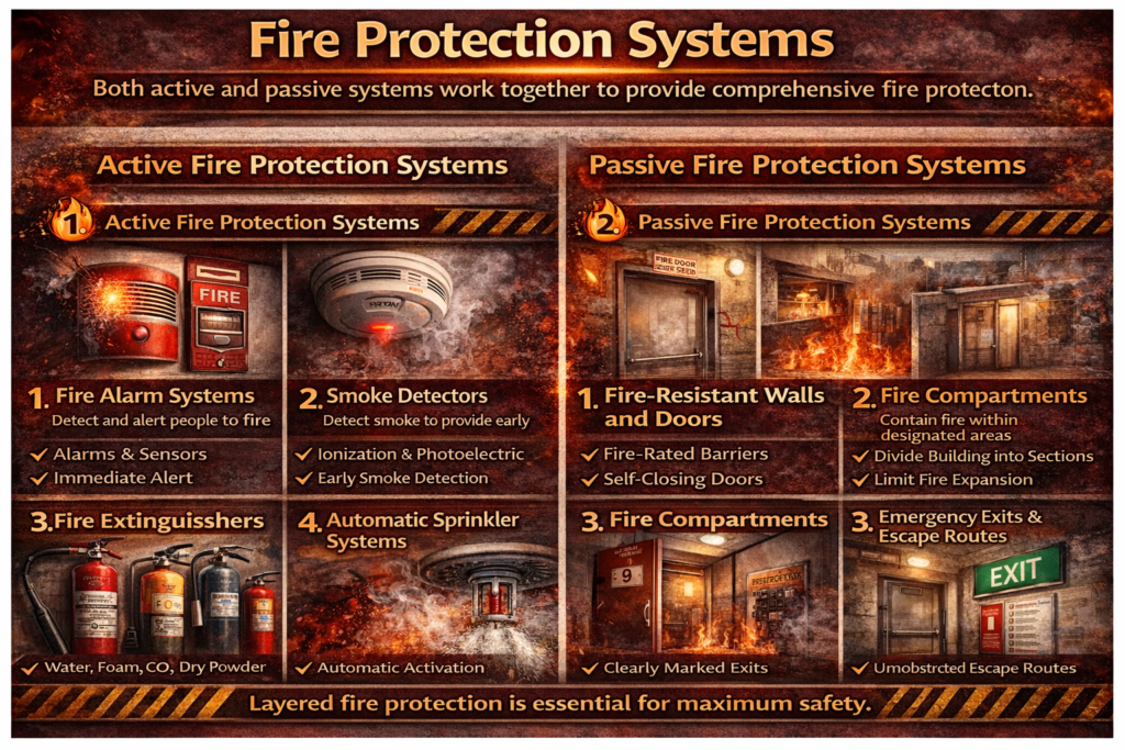 Fire protection systems including active and passive systems such as alarms, sprinklers, fire doors, and emergency exits