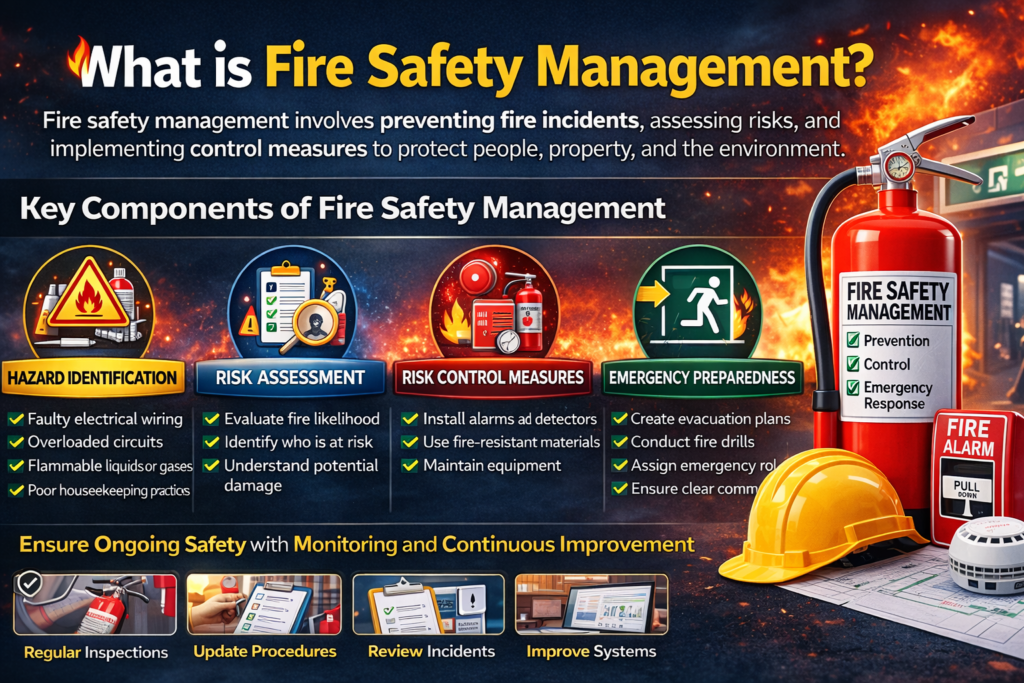 Fire Safety Management strategies for prevention control and emergency response infographic