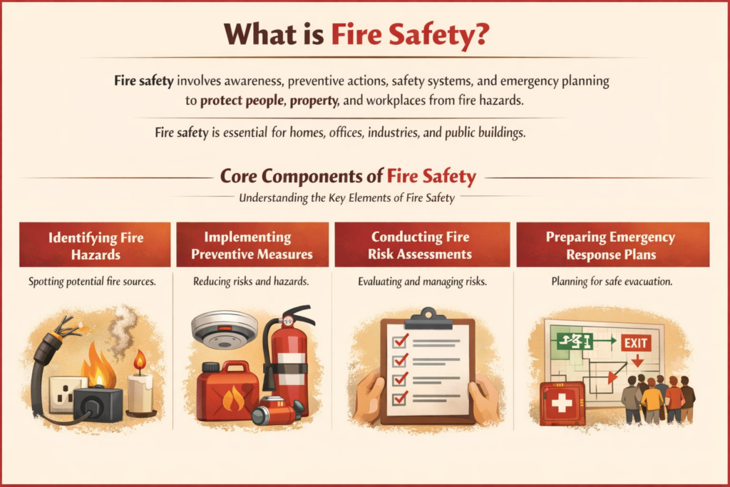 Fire Safety Fundamentals Diagram showing hazards, prevention, risk assessment and emergency planning