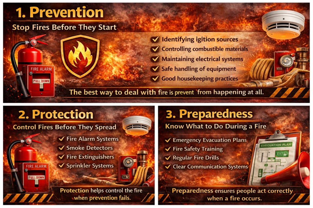 Understanding Fire Safety concept showing prevention, protection, and preparedness strategies