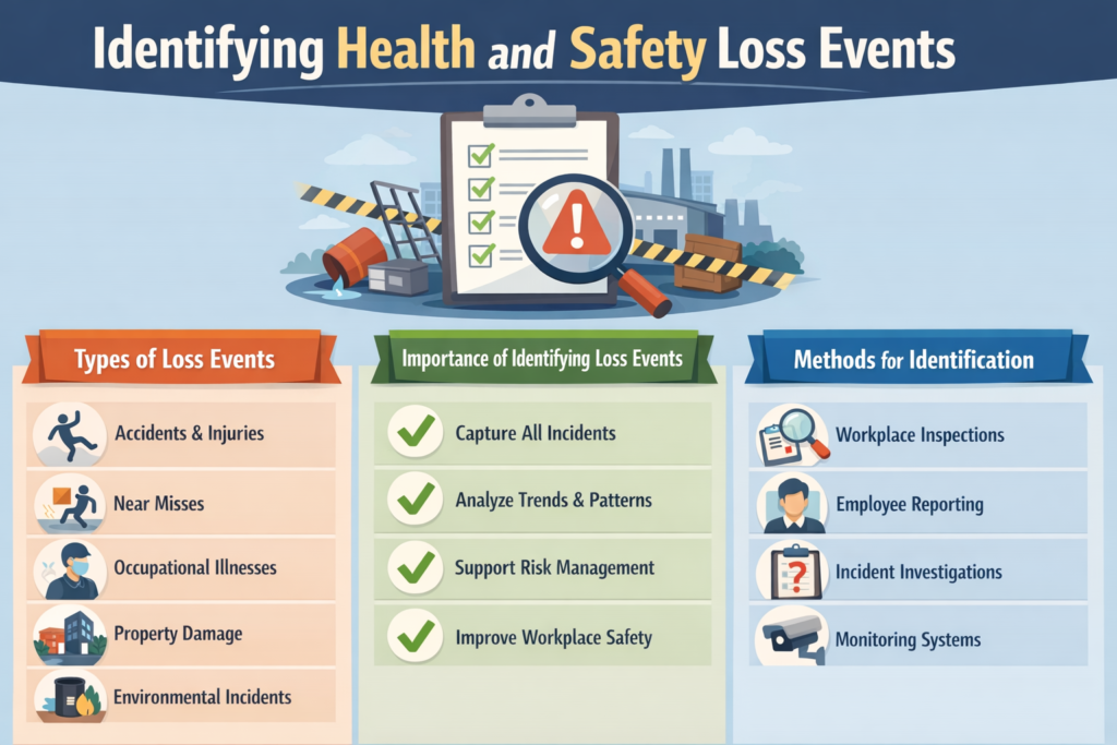 Infographic of health and safety loss events, their importance, and identification methods.