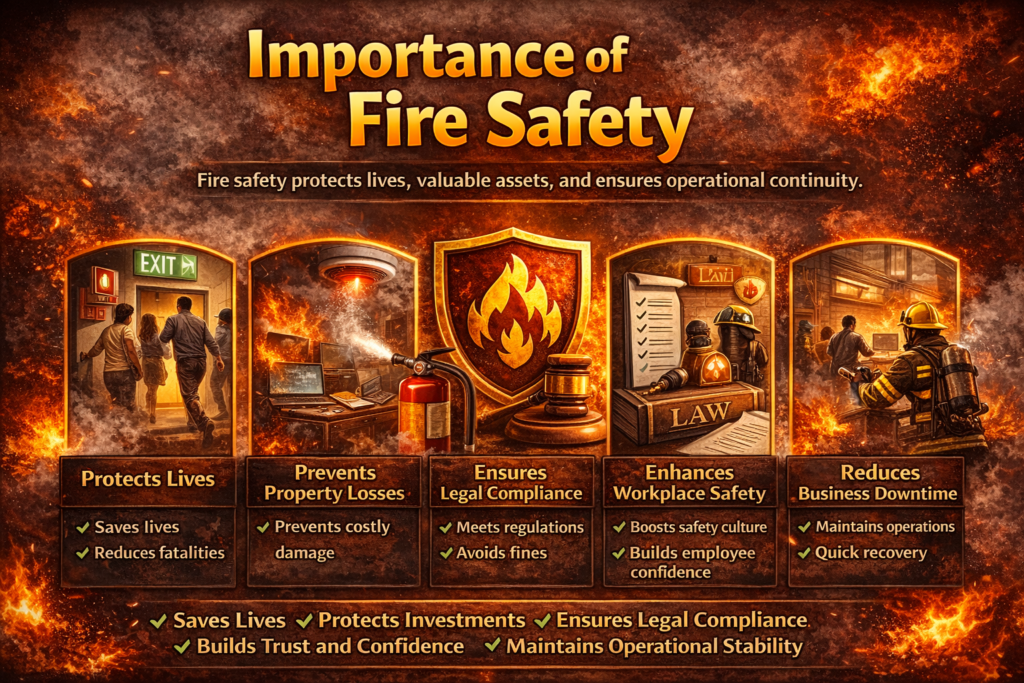 Importance of Fire Safety infographic showing protection of lives, property, legal compliance, workplace safety, and business continuity