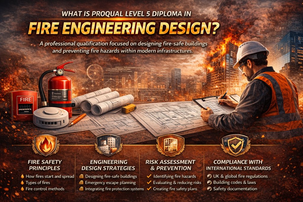 ProQual Level 5 Diploma in Fire Engineering Design course overview, fire safety principles, engineering design strategies, risk assessment and compliance