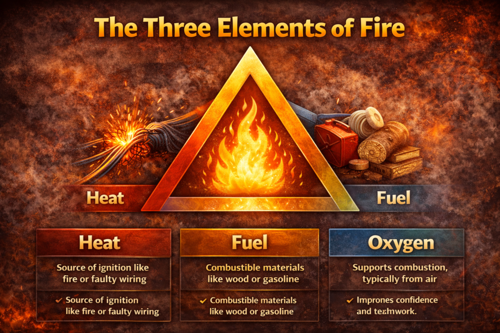 Fire triangle diagram showing heat, fuel, and oxygen as the three essential elements of fire