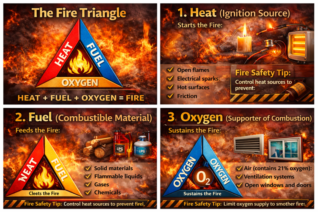 Fire triangle diagram showing heat, fuel, and oxygen as key elements of fire