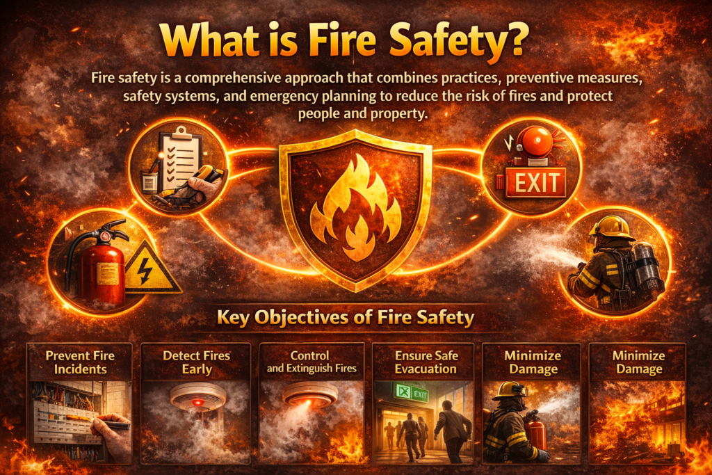 What is Fire Safety explanation infographic showing prevention, detection, evacuation and protection principles