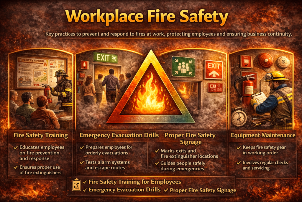 Workplace fire safety infographic showing training evacuation signage and equipment maintenance