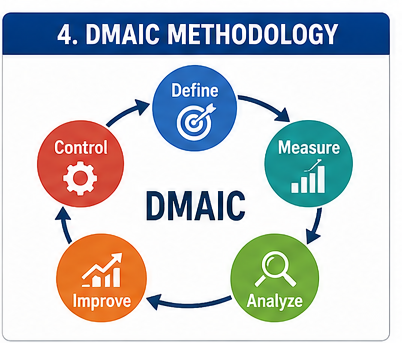 Six Sigma Methods & Belt Levels: Beginner’s Guide 4 Colorful DMAIC process infographic showing Define, Measure, Analyze, Improve, and Control phases in Six Sigma.