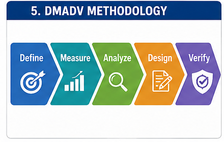 Six Sigma Methods & Belt Levels: Beginner’s Guide 5 Flat vector DMADV process diagram showing Define, Measure, Analyze, Design, and Verify stages in Six Sigma.