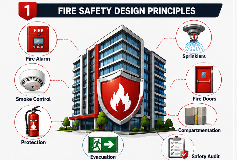 ProQual Level 6 Diploma in Advanced Fire Safety Design and Building Risk Management 2 Cartoon-style infographic showing fire safety design principles with a protected modern building, fire alarms, sprinklers, smoke control systems, fire doors, evacuation signs, and safety audit icons.