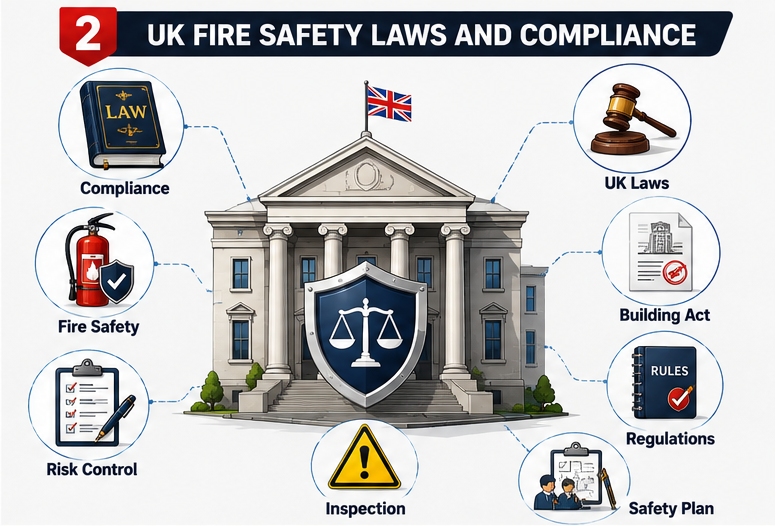 ProQual Level 6 Diploma in Advanced Fire Safety Design and Building Risk Management 3 Professional infographic illustrating UK fire safety laws and compliance with government building, legal documents, compliance shield, inspection icons, safety plans, and fire safety regulations.