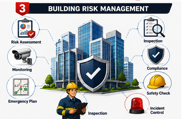 ProQual Level 6 Diploma in Advanced Fire Safety Design and Building Risk Management 1 Cartoonic building risk management infographic featuring modern buildings, risk assessment clipboard, CCTV monitoring, emergency planning icons, safety inspections, and compliance management systems.