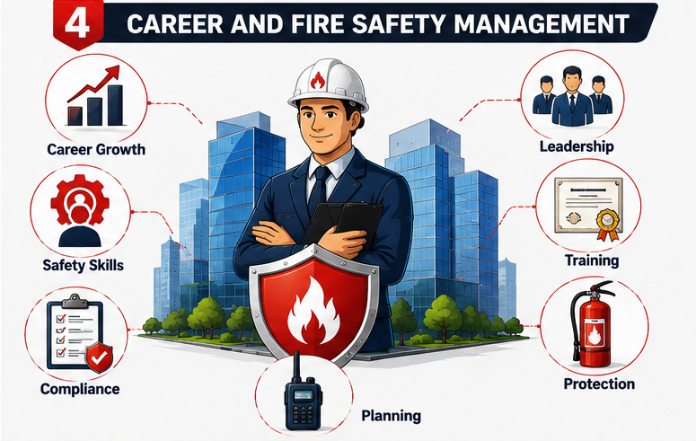 ProQual Level 6 Diploma in Advanced Fire Safety Design and Building Risk Management 4 Fire safety management career infographic showing a fire safety officer, protected commercial building, leadership icons, safety training certificate, compliance checklist, and career growth elements.