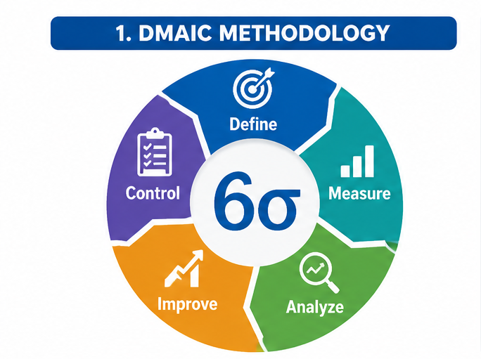 DMAIC Methodology infographic showing Define, Measure, Analyze, Improve, and Control phases in a circular Six Sigma process diagram.