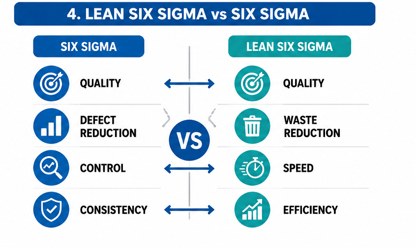 Lean Six Sigma vs Six Sigma comparison infographic showing quality, defect reduction, waste reduction, speed, efficiency, and process control concepts.
