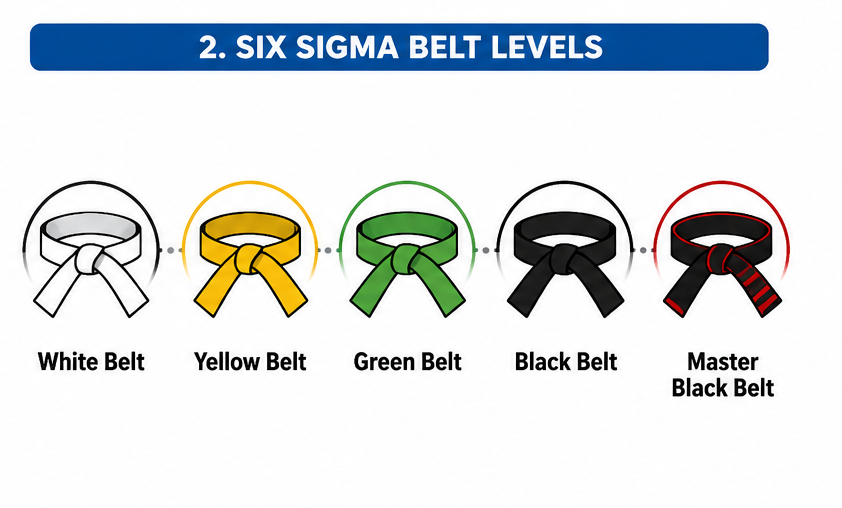 Six Sigma belt levels infographic showing White Belt, Yellow Belt, Green Belt, Black Belt, and Master Black Belt certifications.