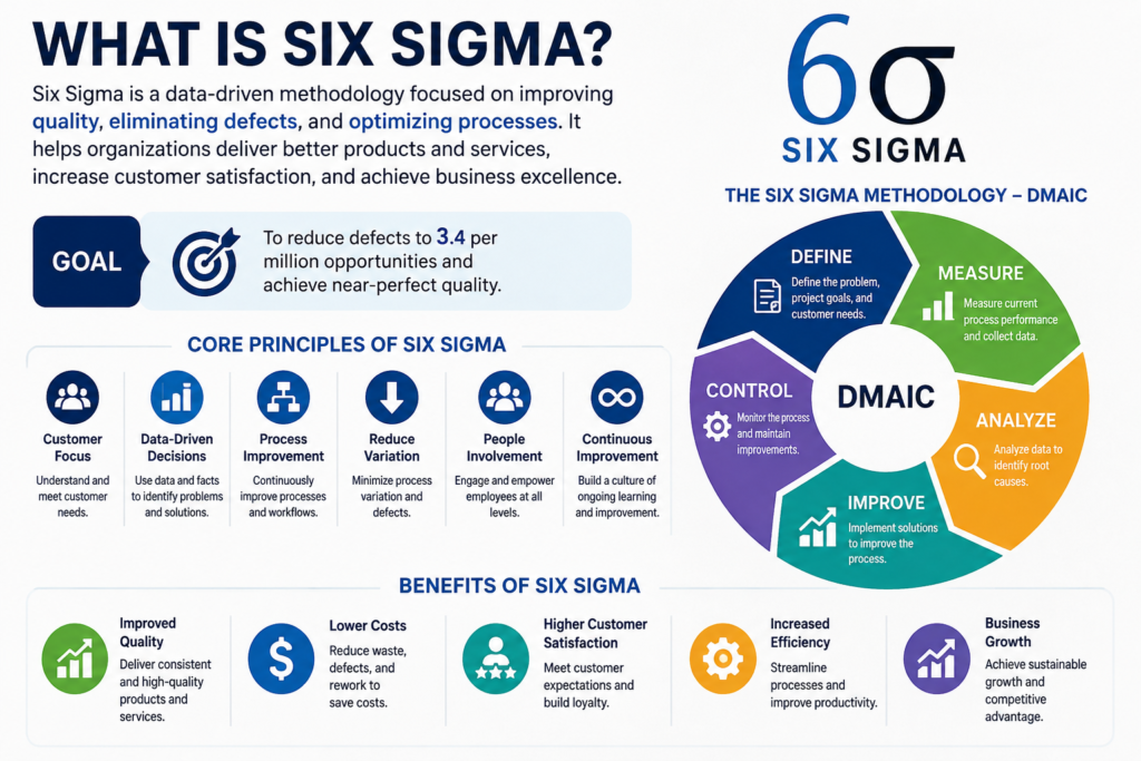 Infographic explaining What Is Six Sigma, including DMAIC methodology, core principles, business benefits, quality improvement, defect reduction, and process efficiency concepts.