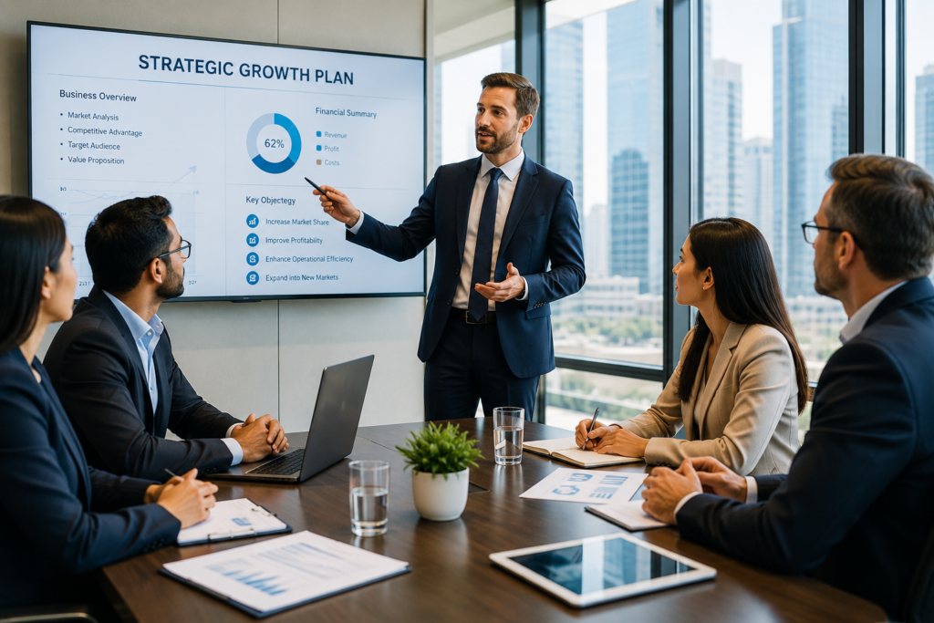 Professional business leader presenting a strategic growth plan to executives in a modern boardroom, discussing business strategy, performance improvement, and leadership development.