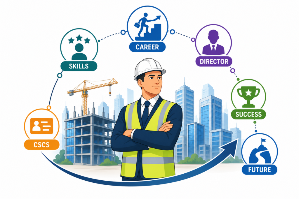 Construction professional demonstrating career progression, leadership development, CSCS recognition, skill enhancement, and advancement towards senior management and director-level roles.