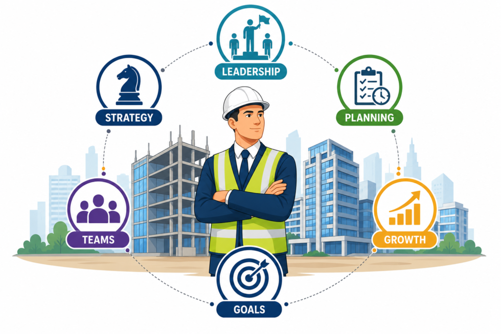 Senior construction manager demonstrating leadership, strategic planning, team management, growth, and goal achievement within a modern construction project environment.