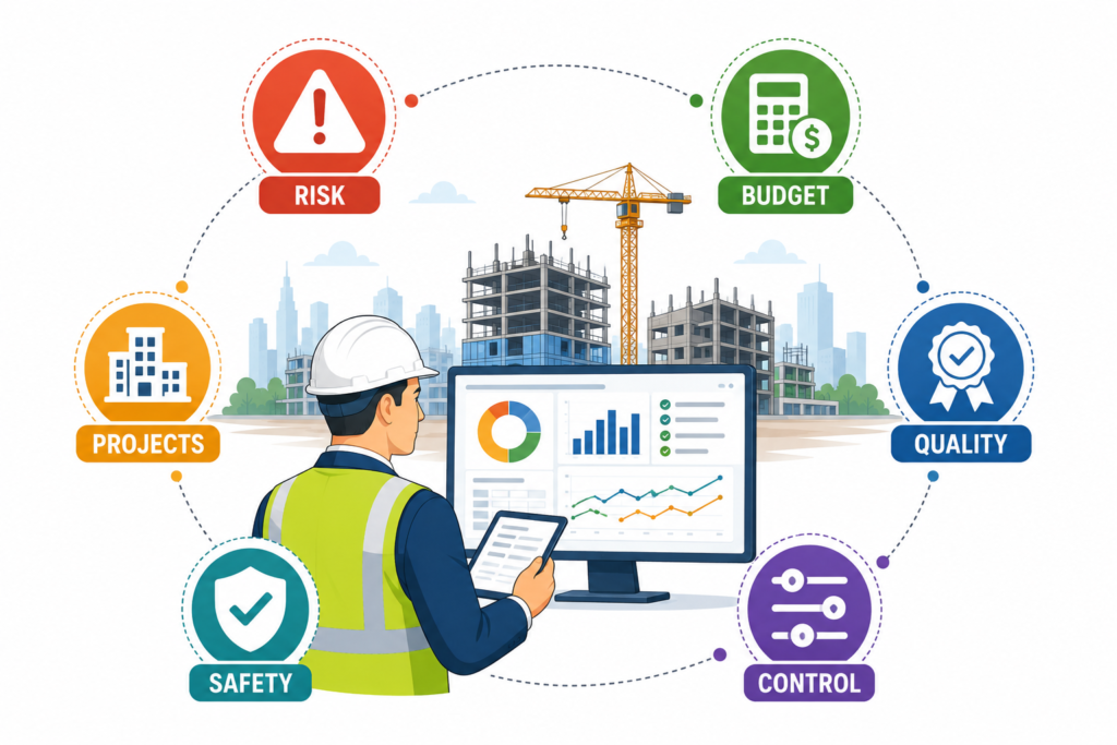 Construction senior manager monitoring project performance, risk management, budget control, quality assurance, safety compliance, and project delivery using a construction management dashboard.